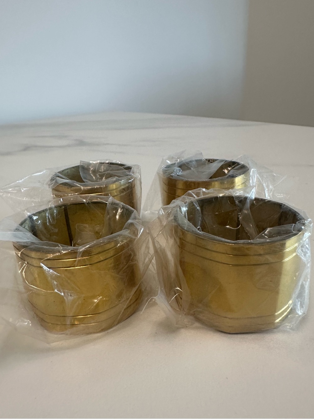 Vintage Brass Finish Octagon Napkin Rings w/ Fine Banded Edges- Set of 4